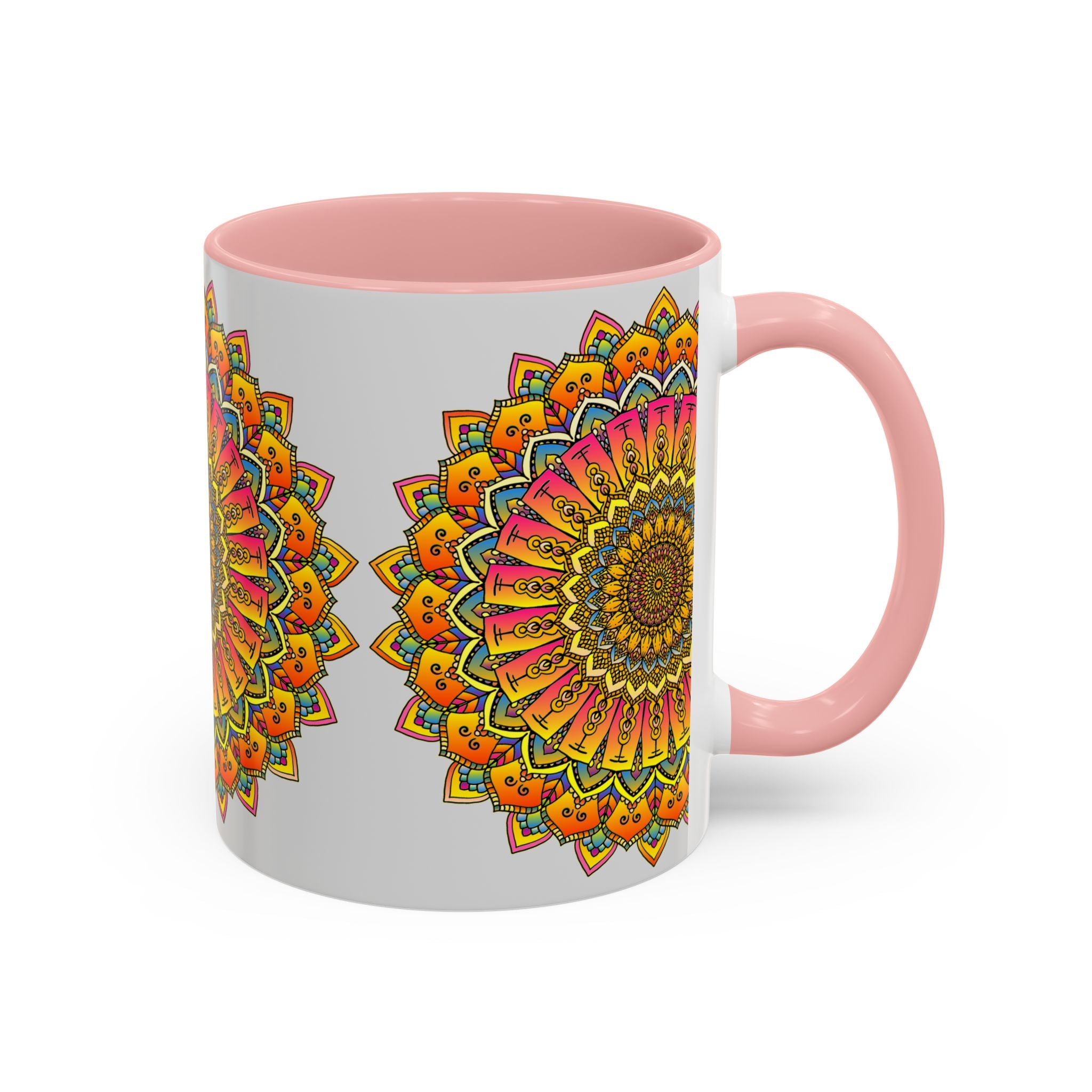 Handcrafted ceramic mug with a vibrant mandala-inspired floral design in multiple colors