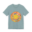 A close-up image of a colorful and peaceful intricate mandala tee, featuring vibrant hues and intricate designs