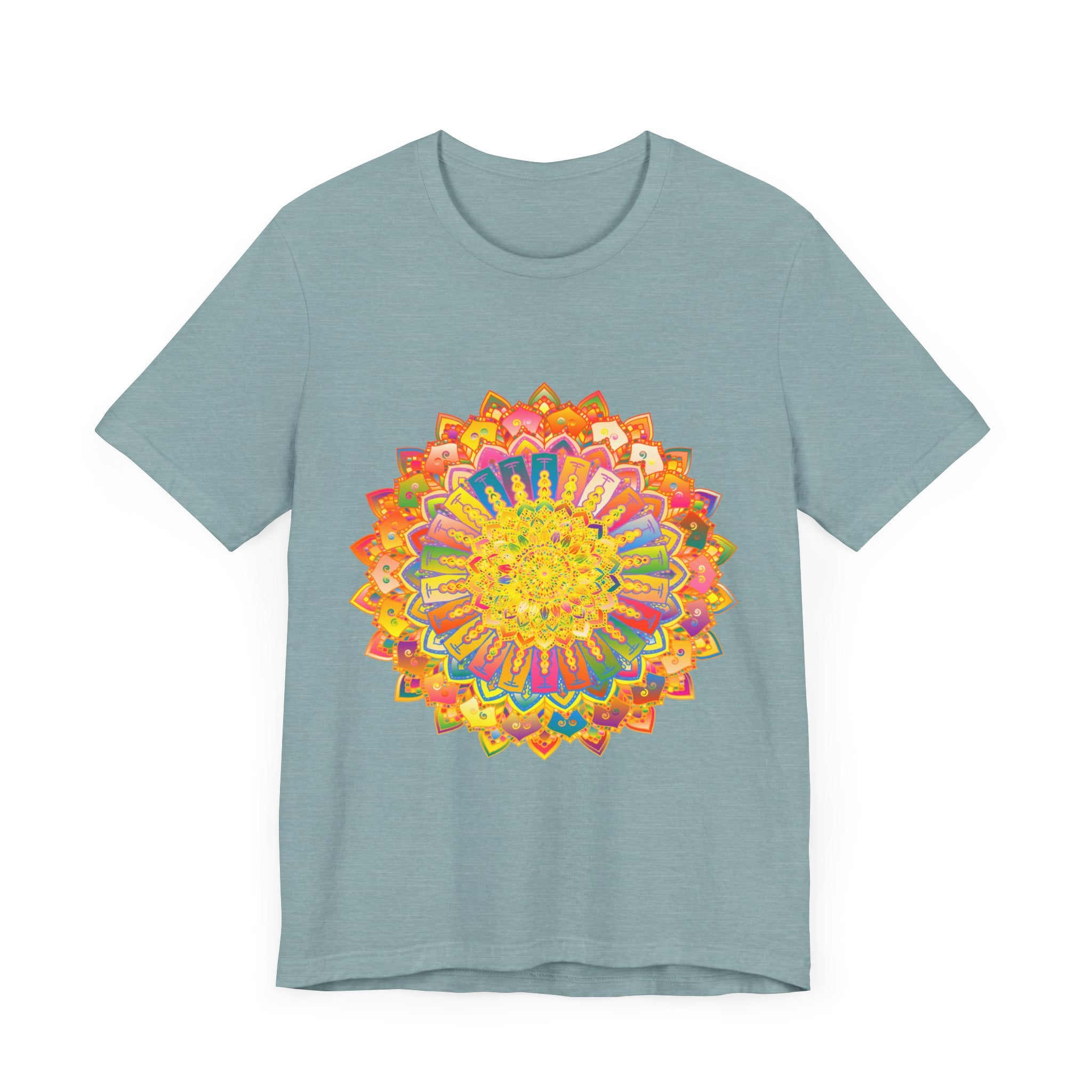 A close-up image of a colorful and peaceful intricate mandala tee, featuring vibrant hues and intricate designs