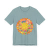 A close-up image of a colorful and peaceful intricate mandala tee, featuring vibrant hues and intricate designs