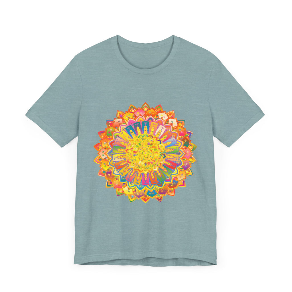 A close-up image of a colorful and peaceful intricate mandala tee, featuring vibrant hues and intricate designs