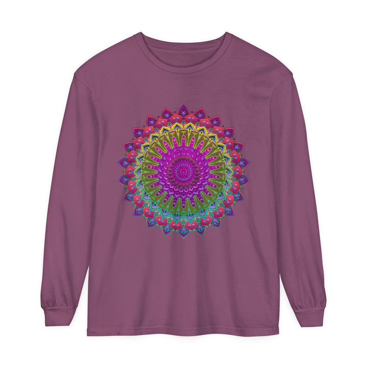 Person Wearing Vibrant Mandala Unisex Long Sleeve T-Shirt in Outdoor Setting