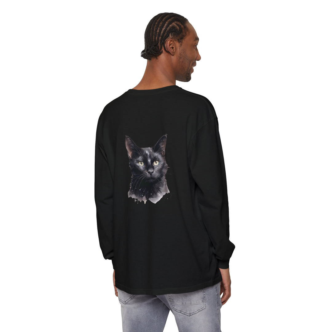 Black Cat Watercolor Unisex Long Sleeve T-Shirt, featuring a stunning watercolor print of a black cat on a high-quality unisex long sleeve t-shirt