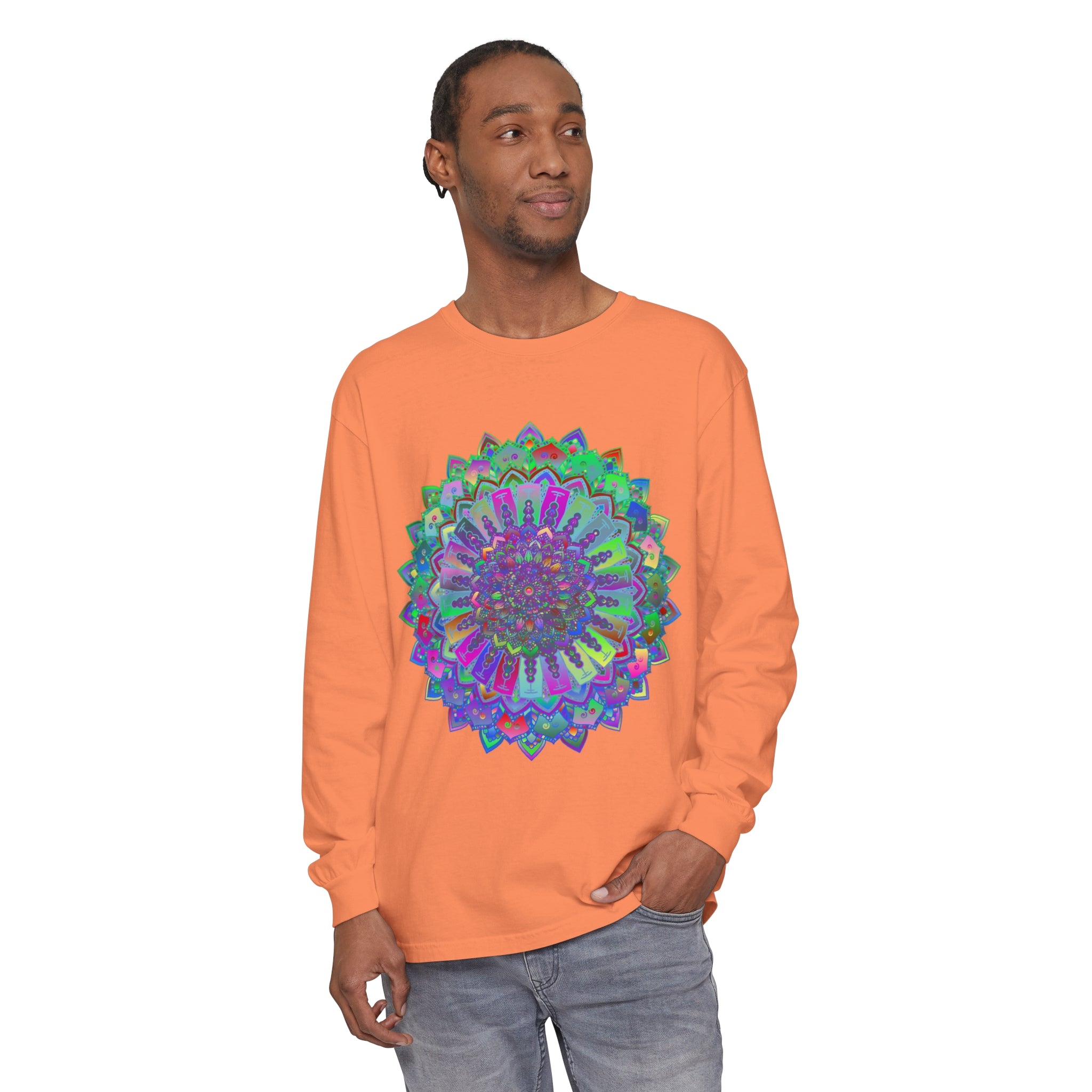 Colorful and intricate mandala design on a long sleeve t-shirt