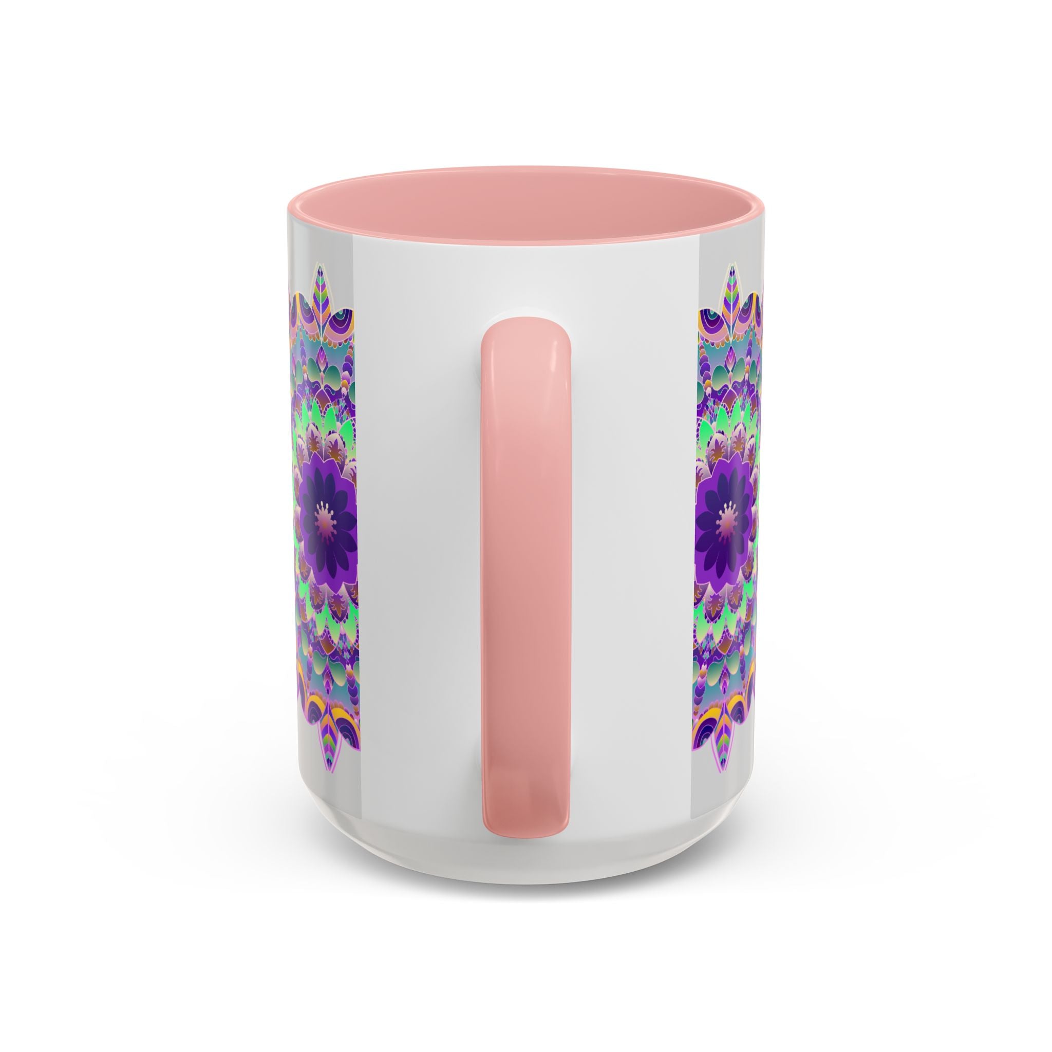 Beautiful light grey mug featuring a vibrant mandala art design