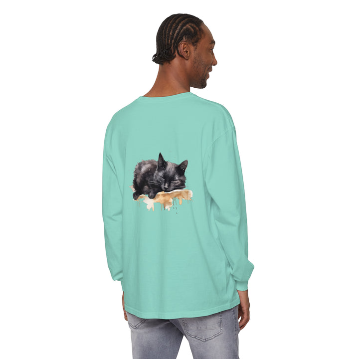 Whimsical and enchanting sleeping black cat watercolor t-shirt illustration