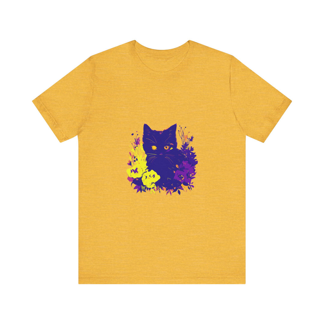 Black Cat Mystery Neon Flower T-Shirt with vibrant neon flowers and a mysterious black cat design on a high-quality black cotton shirt