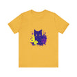 Black Cat Mystery Neon Flower T-Shirt with vibrant neon flowers and a mysterious black cat design on a high-quality black cotton shirt