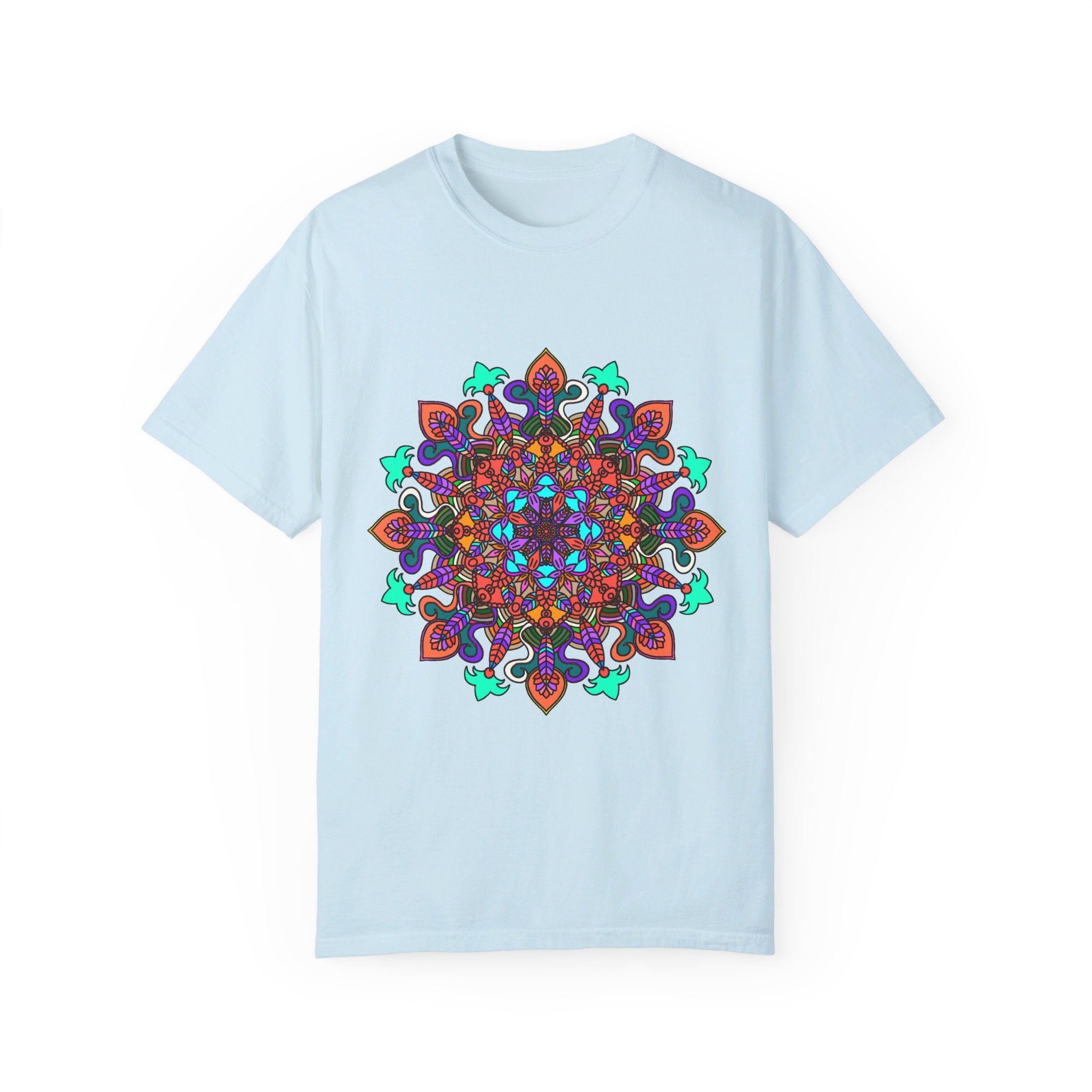 Unisex Mandala T-Shirt featuring hand-drawn mandala art, made from 100% ring-spun cotton and garment-dyed for extra comfort