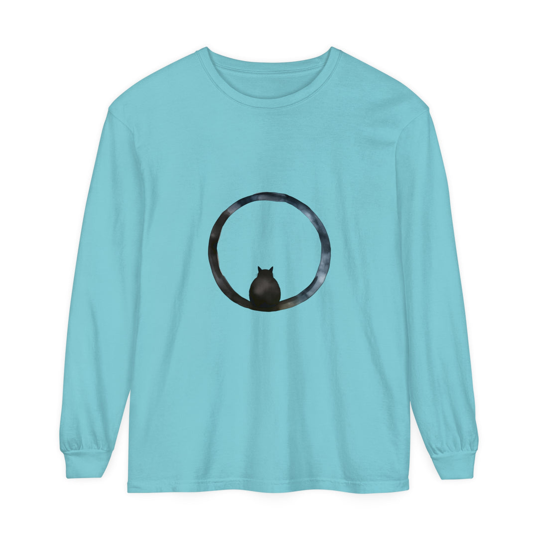 A close-up image of a Mystifying Sphere Unisex Long Sleeve T-Shirt with a unique and captivating design in various shades of blue and purple, perfect for both men and women