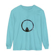 A close-up image of a Mystifying Sphere Unisex Long Sleeve T-Shirt with a unique and captivating design in various shades of blue and purple, perfect for both men and women