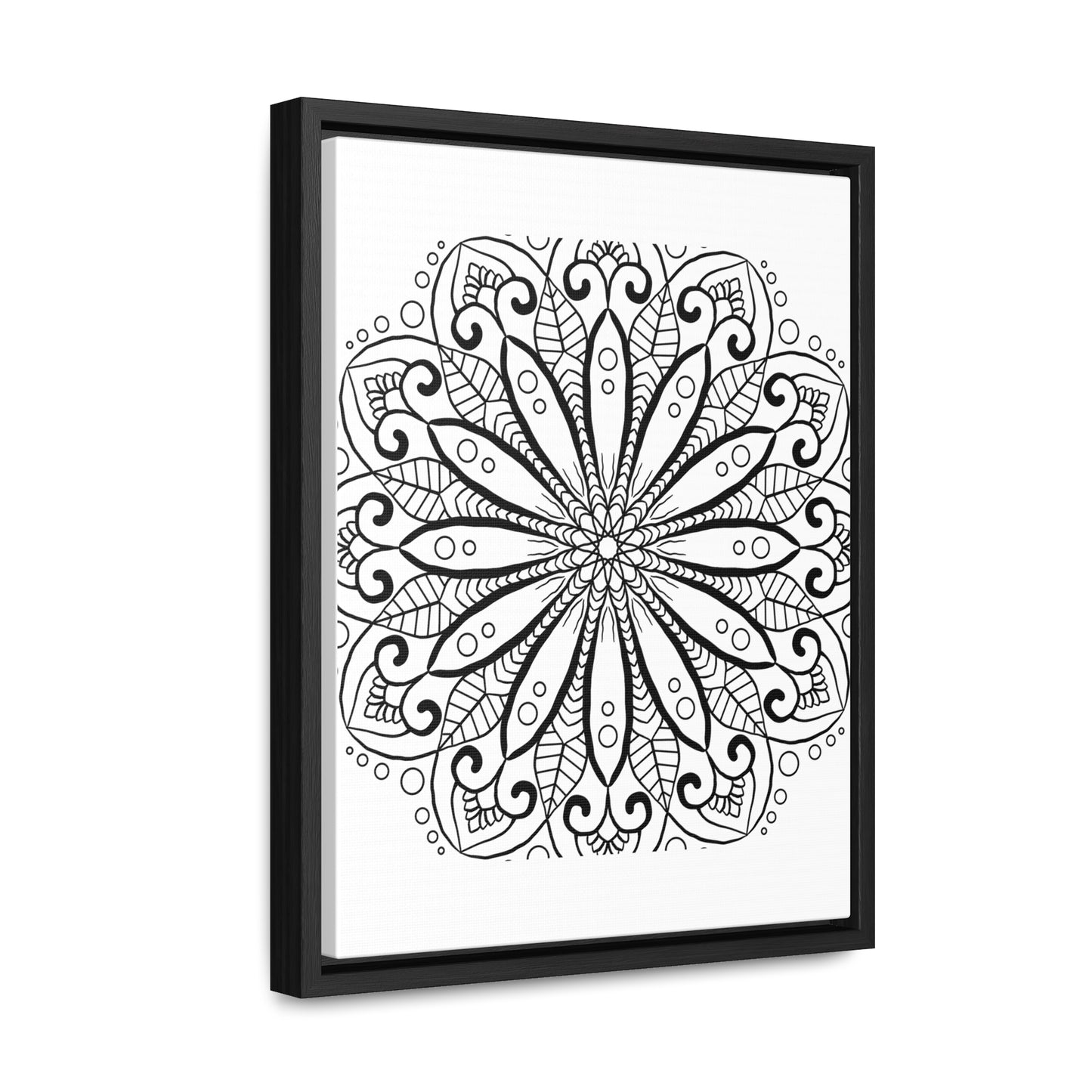 Handcrafted black and white mandala art on gallery canvas wraps displayed in a vertical frame