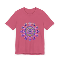 A black t-shirt with an intricate floral mandala design in the center