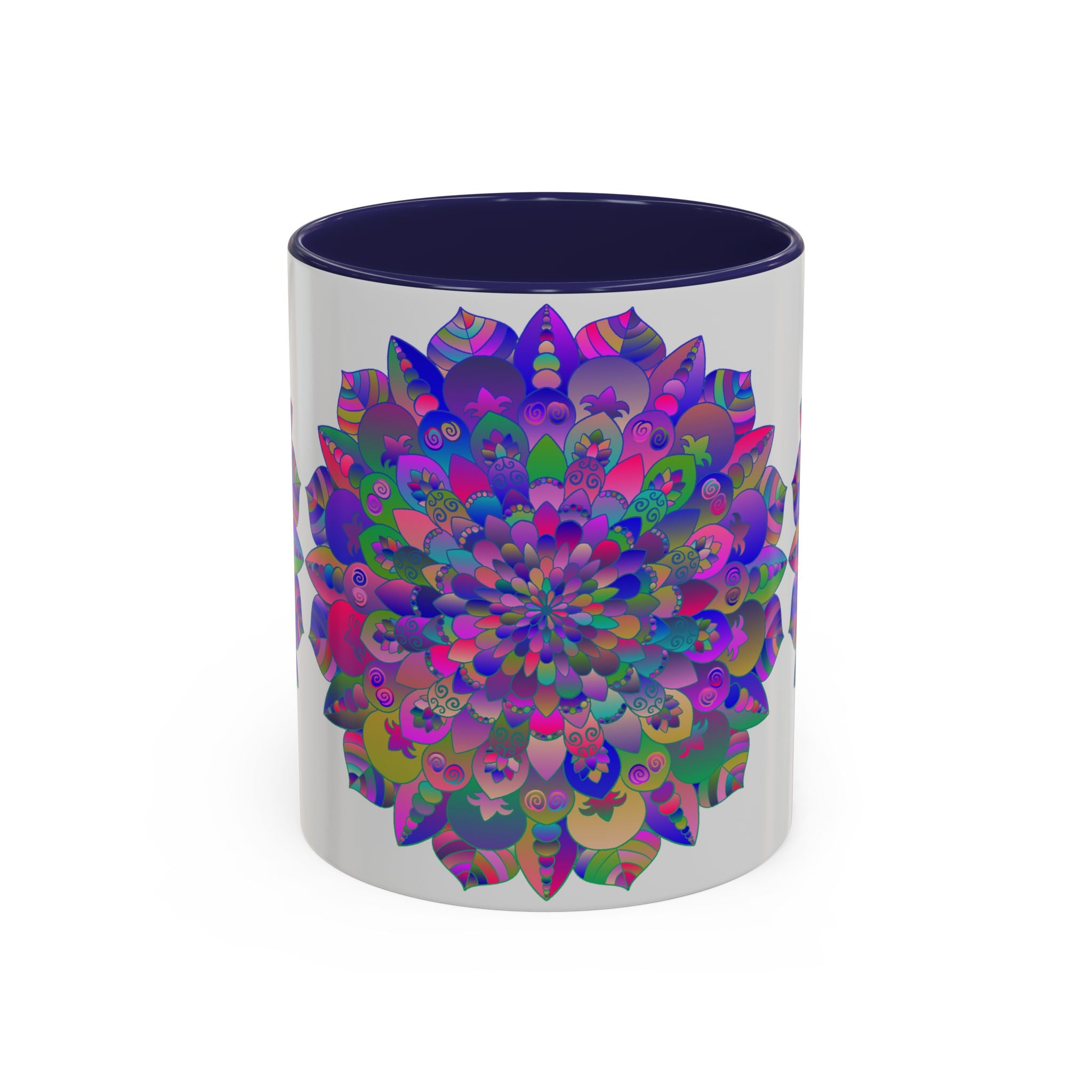 Colorful mandala design mug with intricate spiritual art pattern