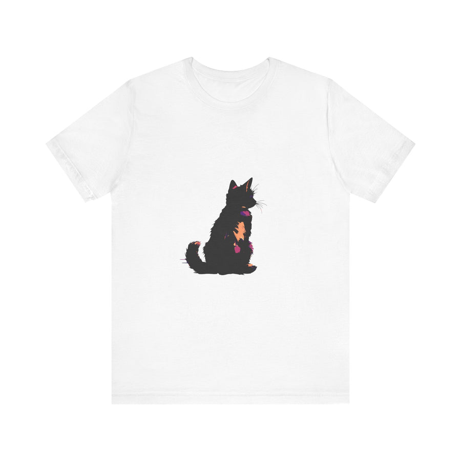 Black Cat Mystery Abstract T-Shirt featuring a stylish and enigmatic feline design on a black background, perfect for expressing your unique fashion sense