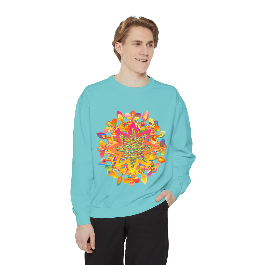 Beautiful mandala design sweatshirt in vibrant colors, perfect for adding a touch of bohemian style to your wardrobe