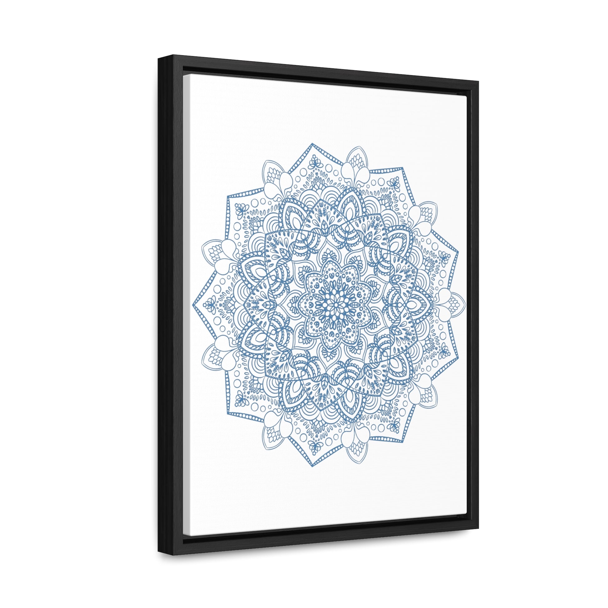 Handmade steel blue Mandala design wall art on gallery canvas wraps in a vertical frame