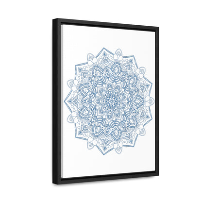 Handmade steel blue Mandala design wall art on gallery canvas wraps in a vertical frame