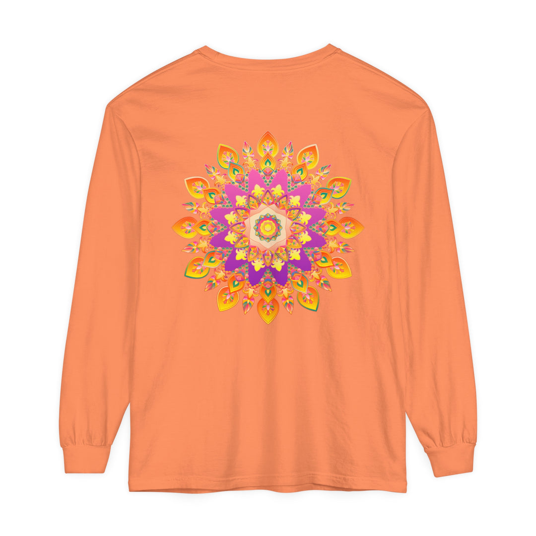 Colorful and intricate mandala design on a unisex long sleeve t-shirt