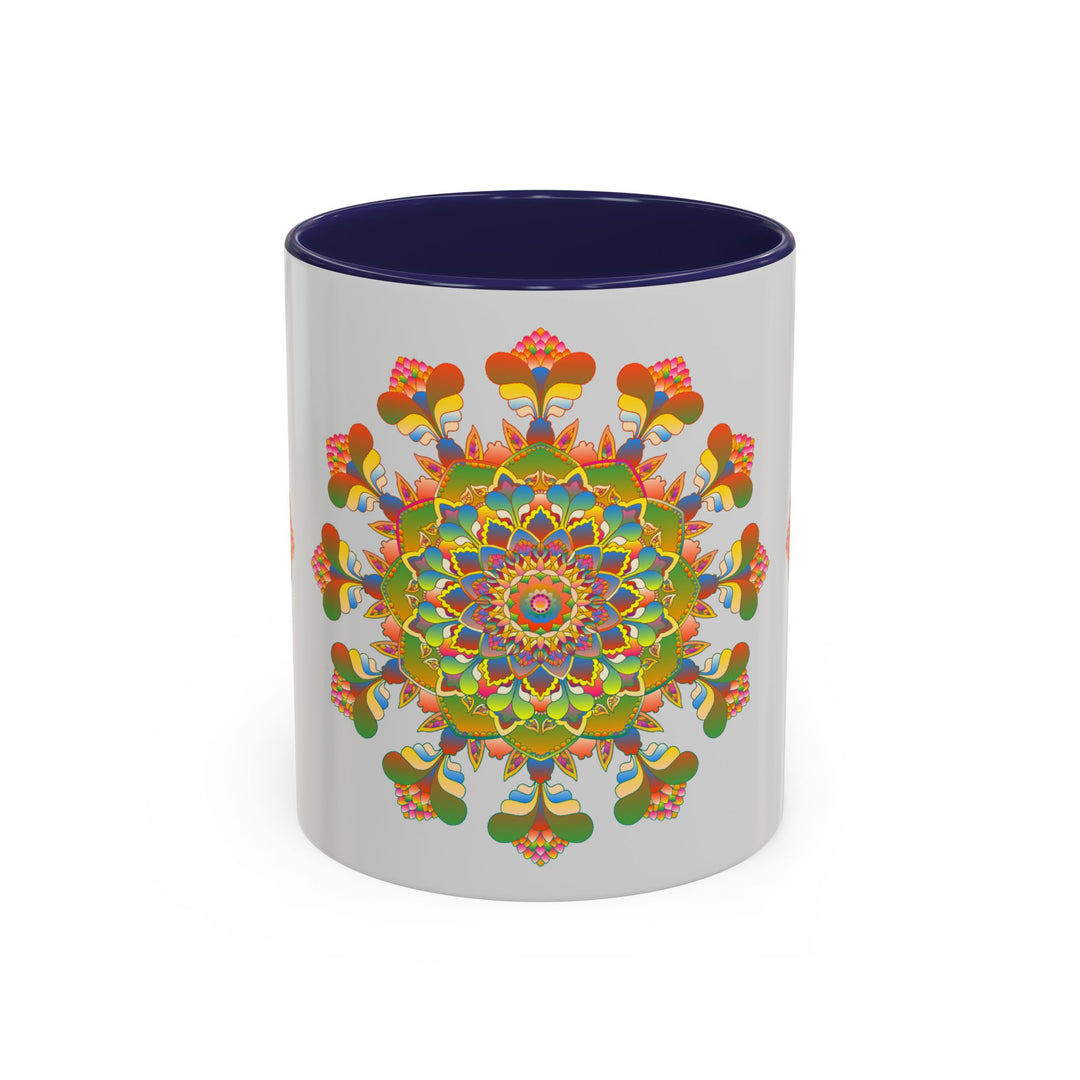 A vibrant and detailed mandala art mug, featuring intricate designs in various colors