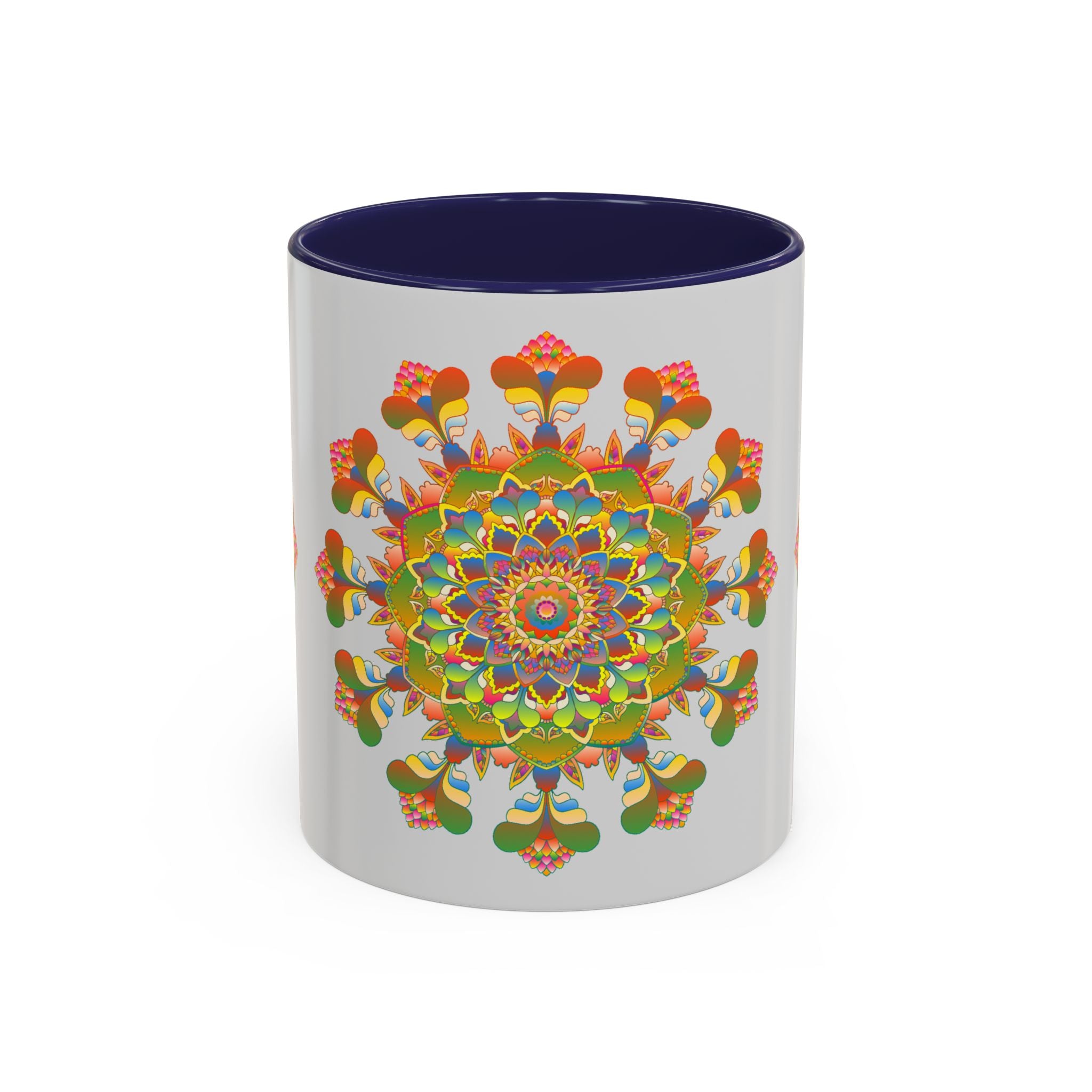 A vibrant and detailed mandala art mug, featuring intricate designs in various colors