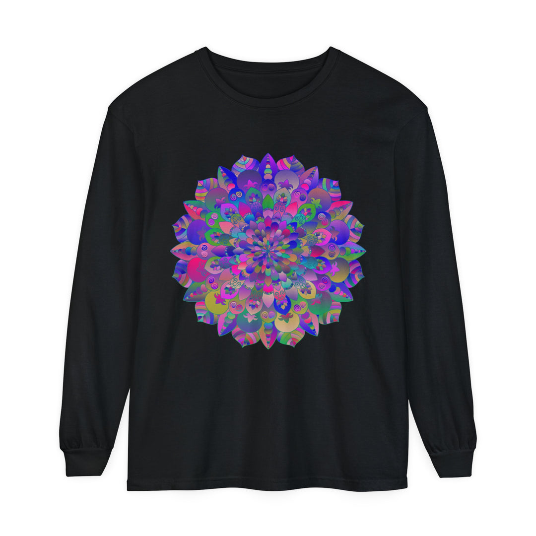 Colorful and intricate mandala design adorns this vibrant long sleeve t-shirt