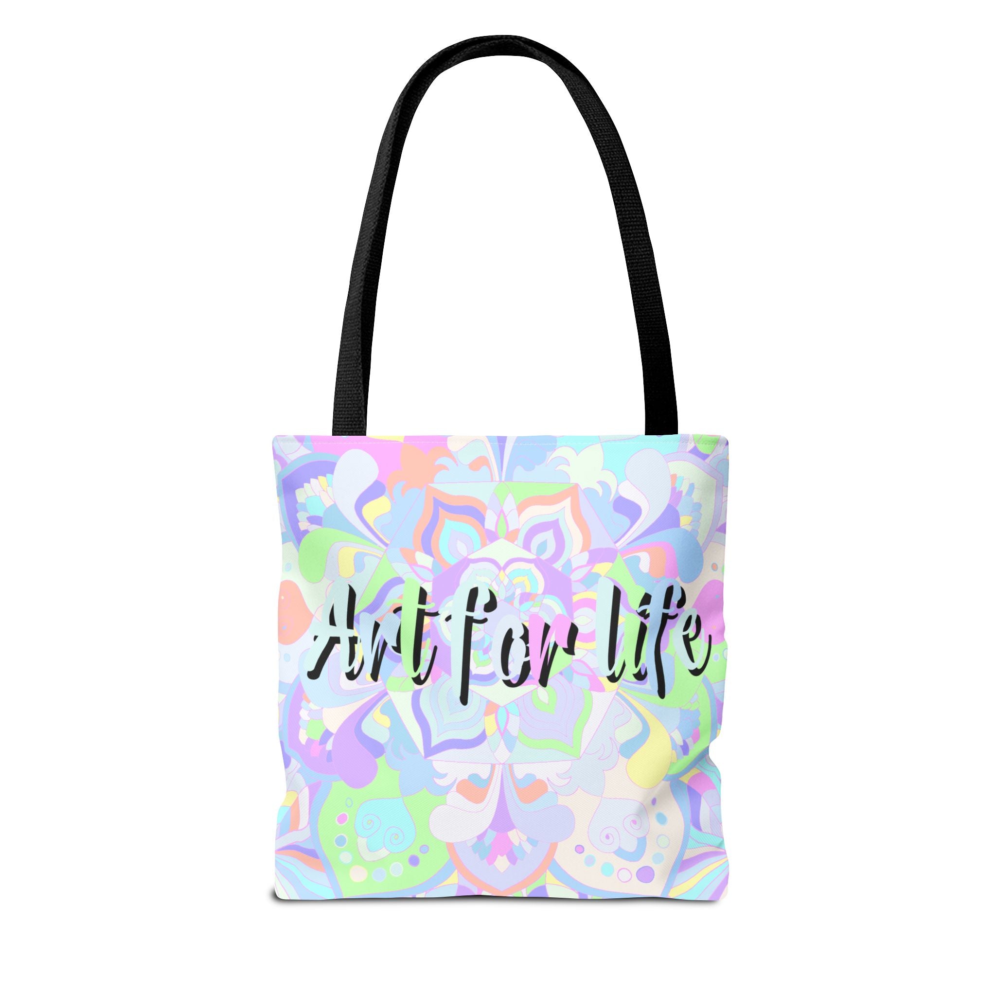 Colorful mandala tote bag featuring a vibrant 'Art for Life' quote, perfect for adding a touch of creativity to your daily errands and activities