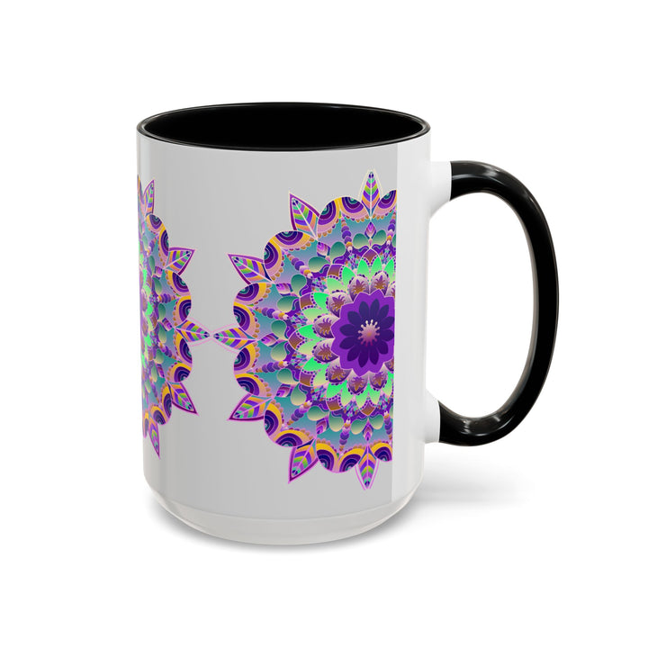 Beautiful light grey mug featuring a vibrant mandala art design