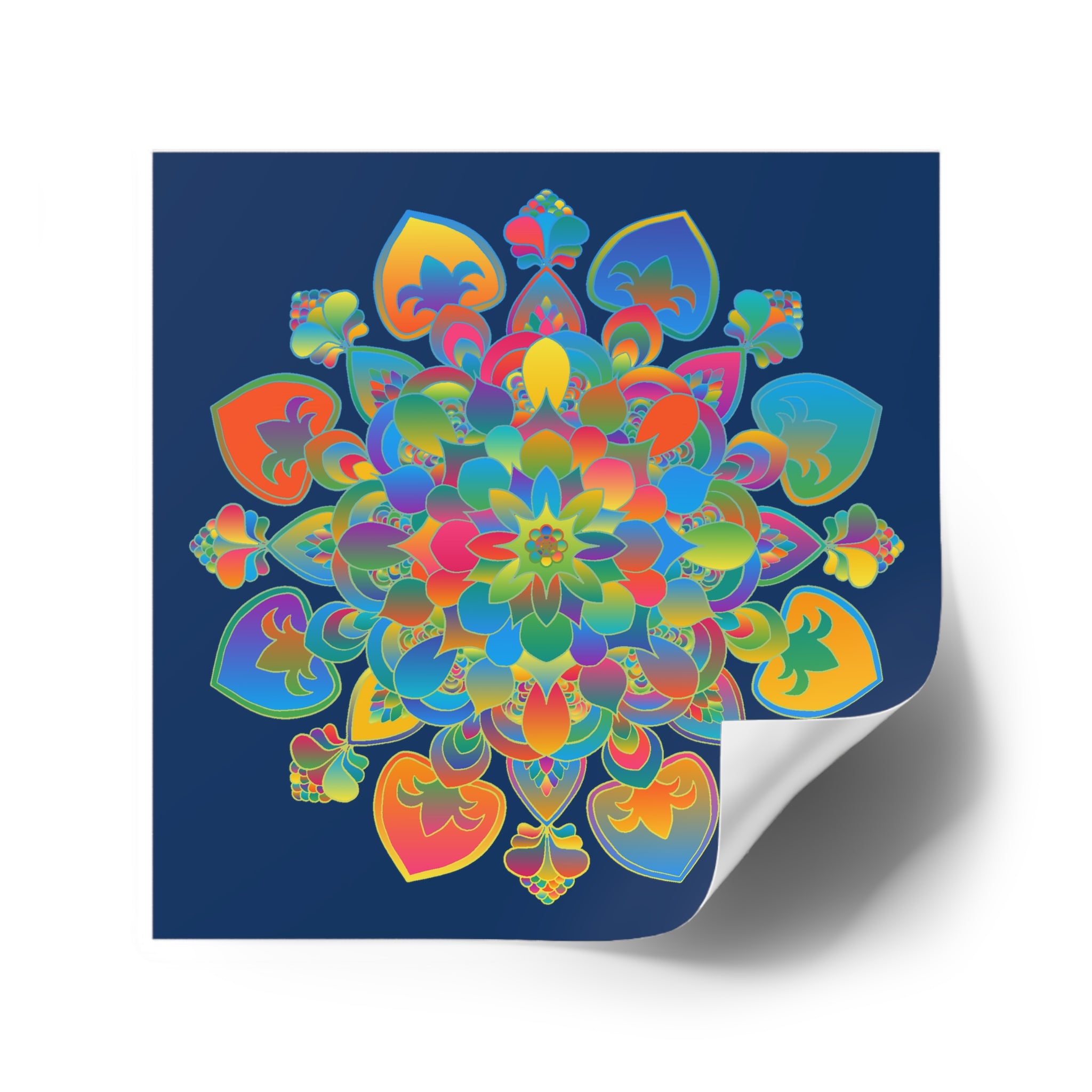 Hand-Drawn Mandala Laminate Stickers – Gold, Red, and Green on Royal Blue