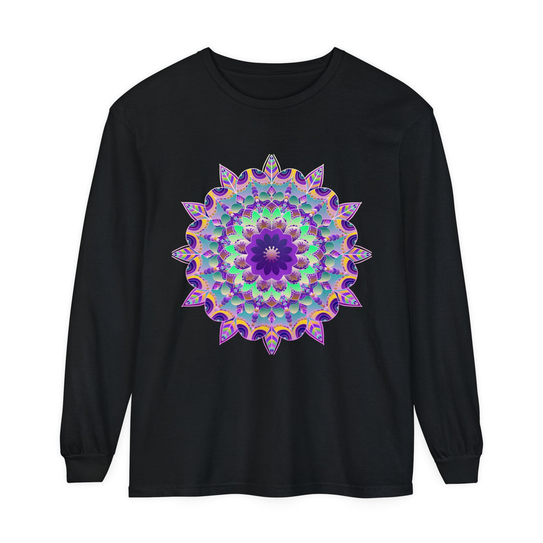 Colorful and intricate psychedelic mandala design on a long sleeve t-shirt