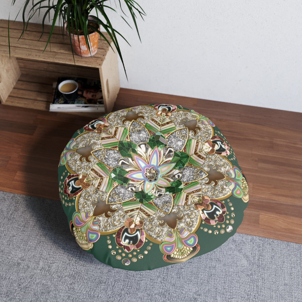 Round Tufted Floor Pillow with Ornate Mandala Design