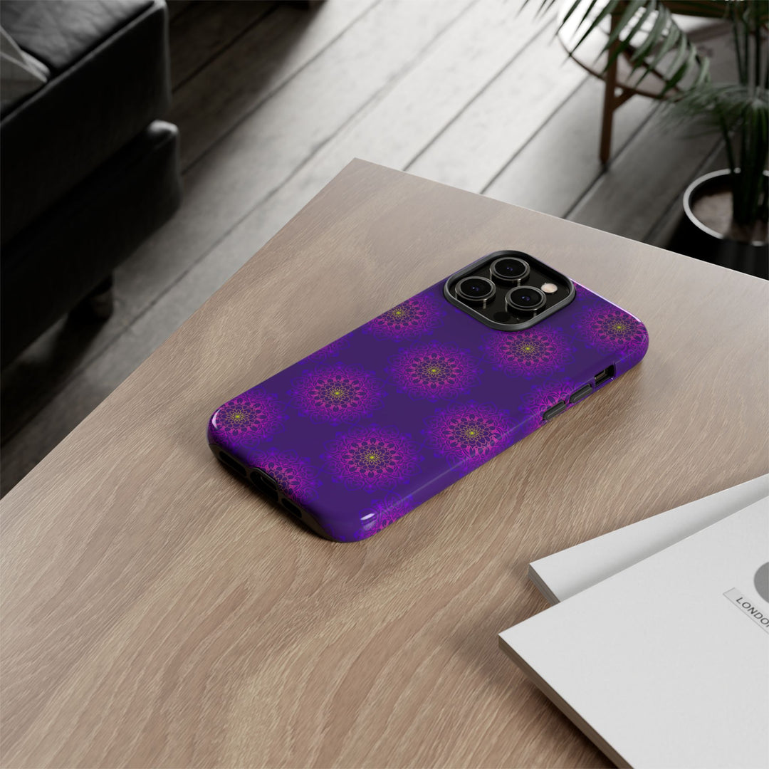 Intricate Purple Floral iPhone Case with Bold Mandala Design