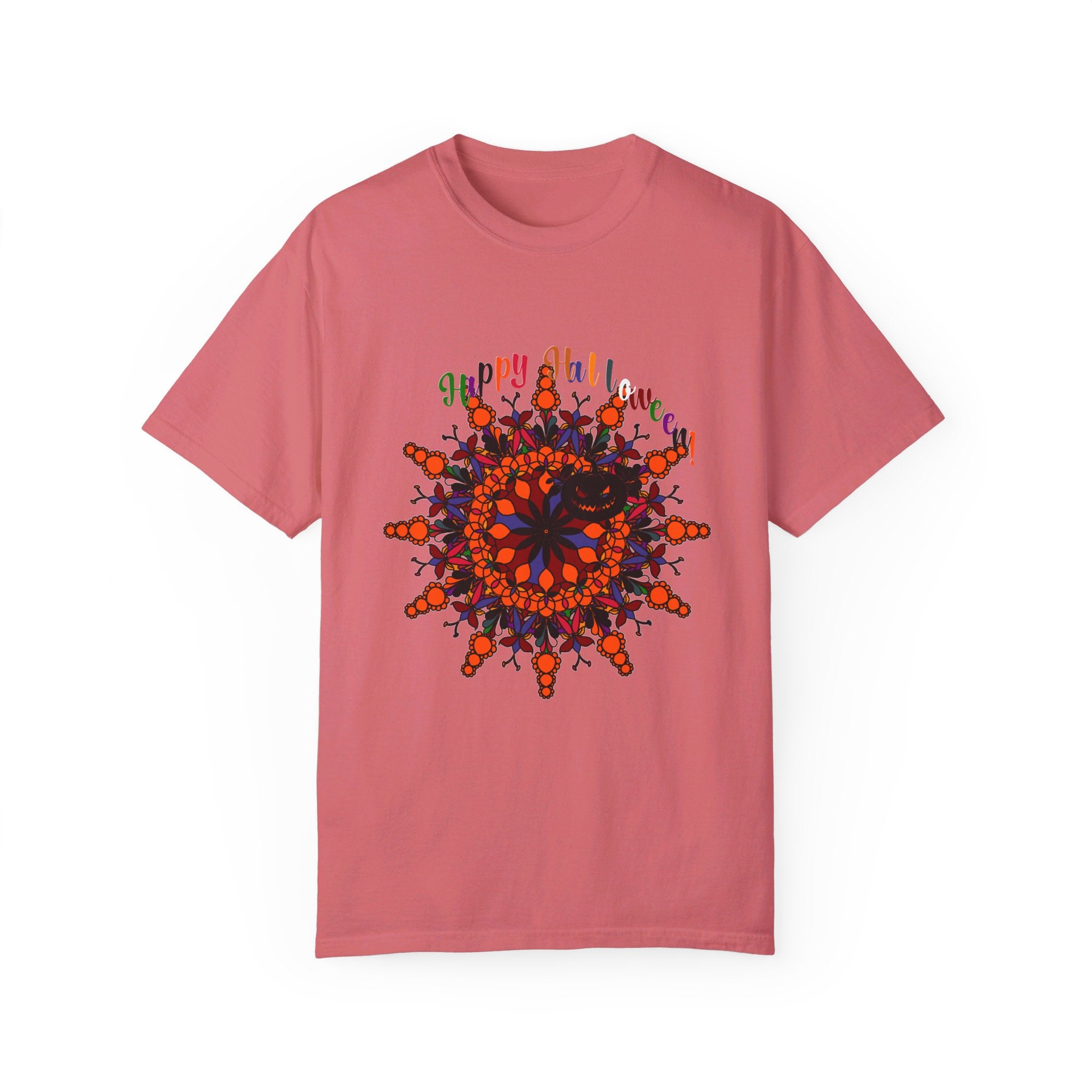 Handmade unisex Halloween T-shirt featuring a unique pumpkin mandala design