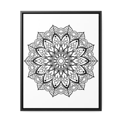 A detailed close-up of a handcrafted black and white mandala art piece on a gallery canvas wrap, displayed in a vertical frame