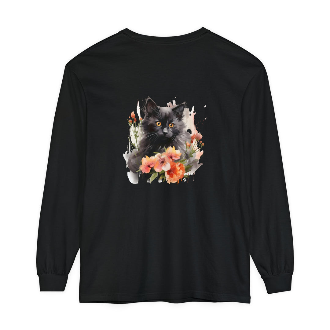 Black Cat & Flowers Watercolor T-Shirt featuring a beautiful feline surrounded by vibrant floral designs, perfect for animal and nature lovers