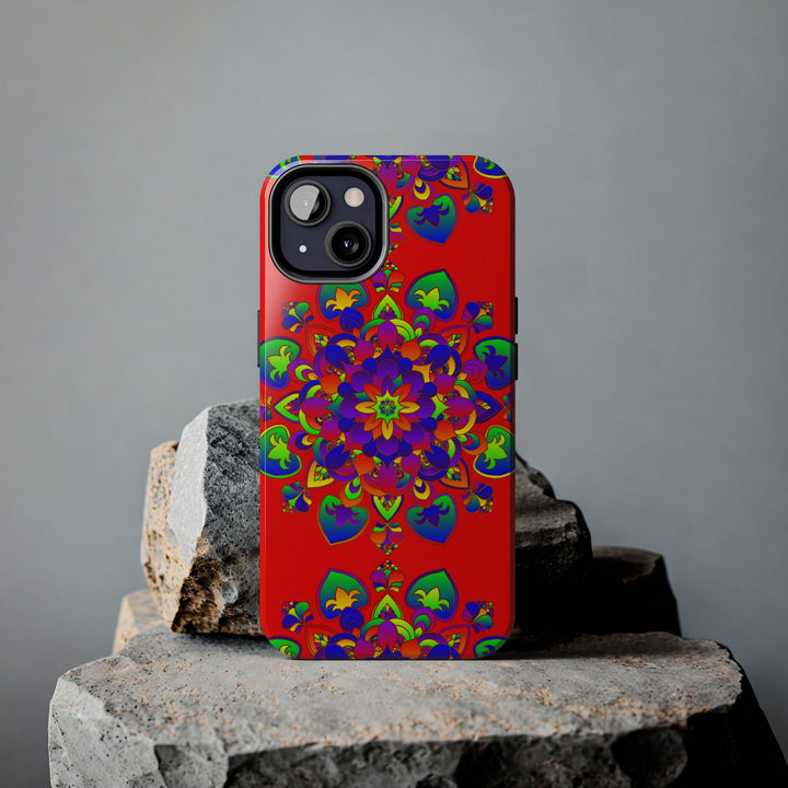 Beautiful hand drawn red mandala art phone case with intricate and detailed design