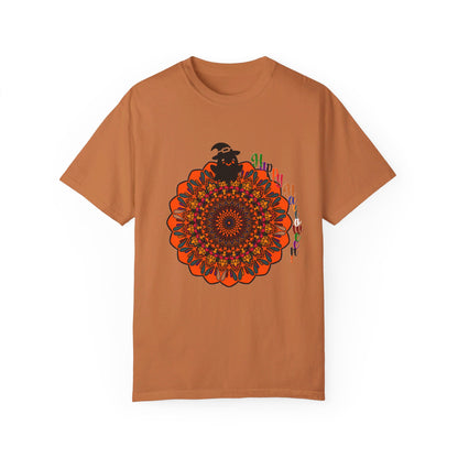 Unisex Halloween Mandala T-shirt featuring handmade pumpkin mandala art on a garment-dyed tee