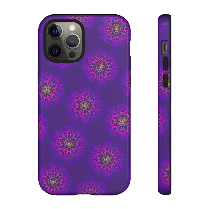 Intricate Purple Floral iPhone Case with Bold Mandala Design
