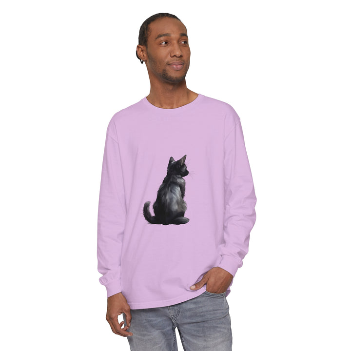 Black Cat Mystery unisex long sleeve tee in black with bold graphic print