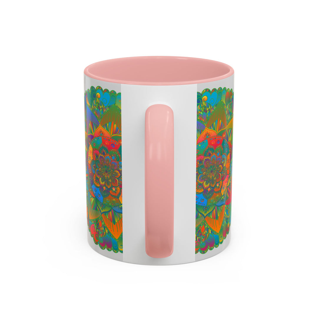 Handcrafted ceramic mandala art mug with vibrant floral designs in various colors