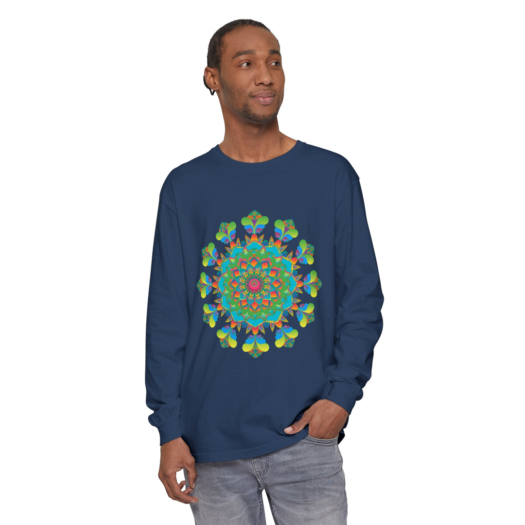 Colorful and vibrant Psychedelic Mandala Tie Dye Long Sleeve T-Shirt on display