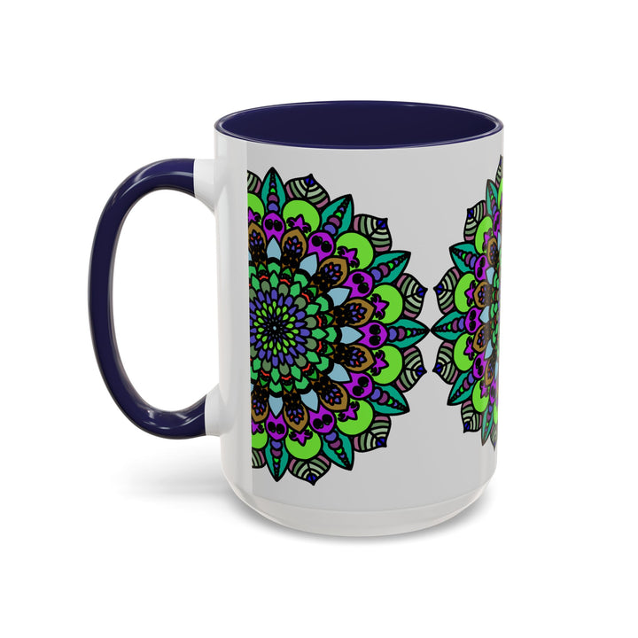 Vibrant and colorful mandala art design on white ceramic mug