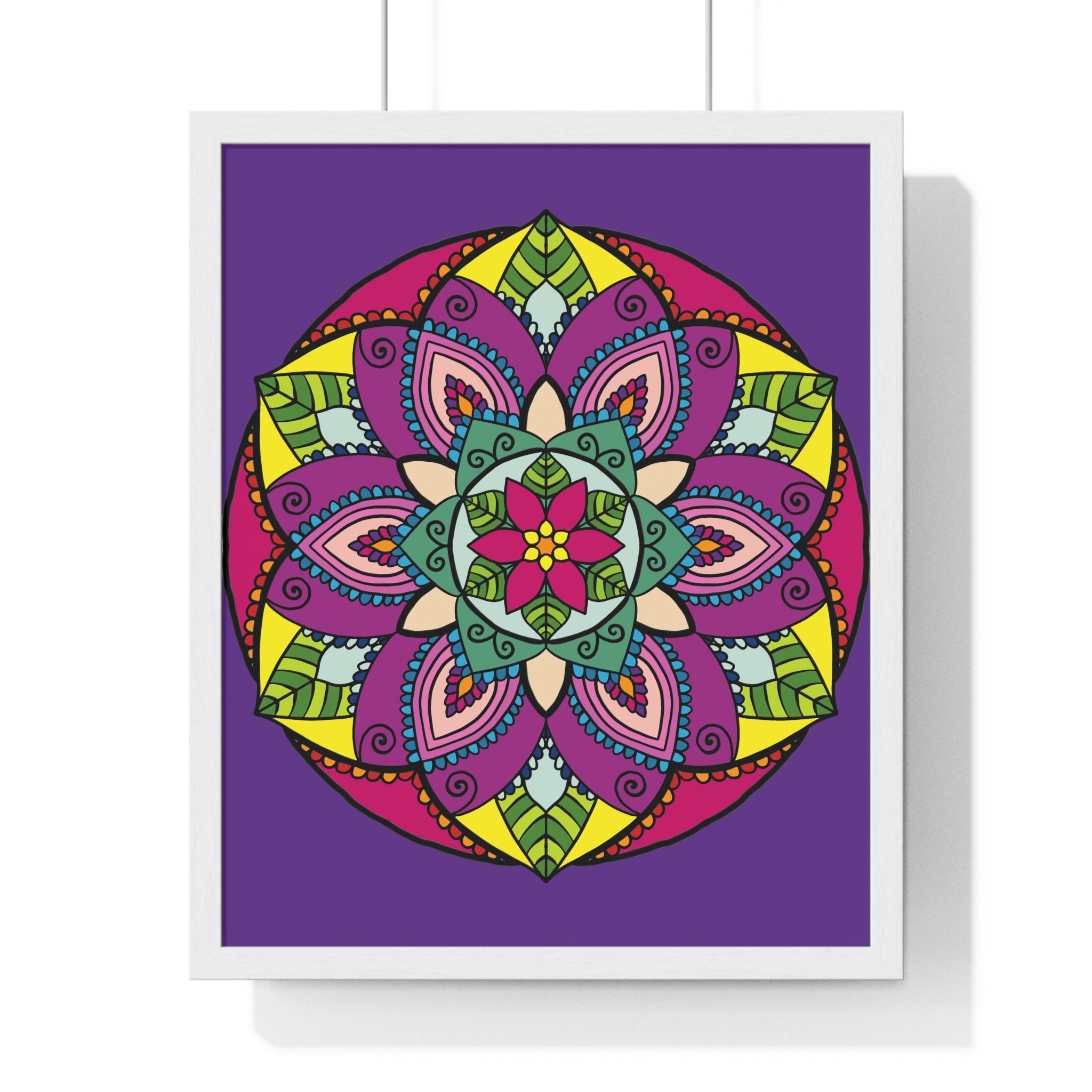 Vertical framed poster featuring a hand-drawn purple mandala art, perfect for mindfulness and yoga enthusiasts