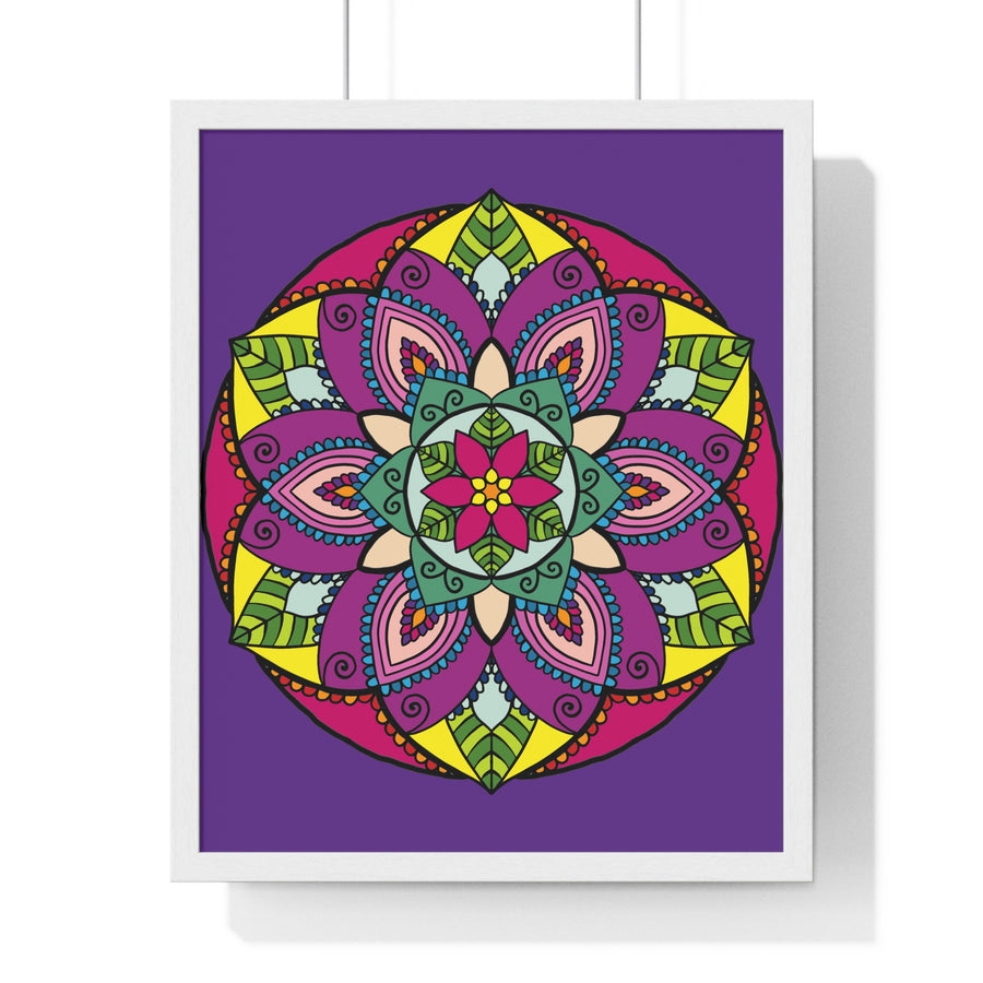 Vertical framed poster featuring a hand-drawn purple mandala art, perfect for mindfulness and yoga enthusiasts