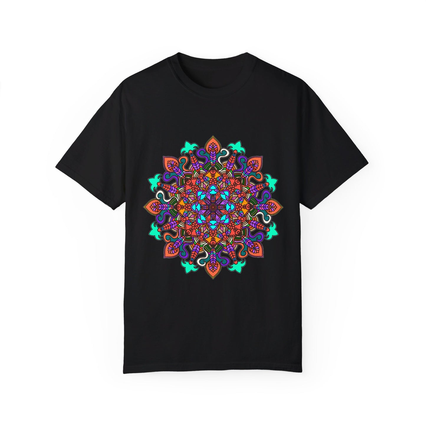 Unisex mandala T-shirt made from 100% ring-spun cotton, featuring hand-drawn mandala art and garment-dyed for extra comfort