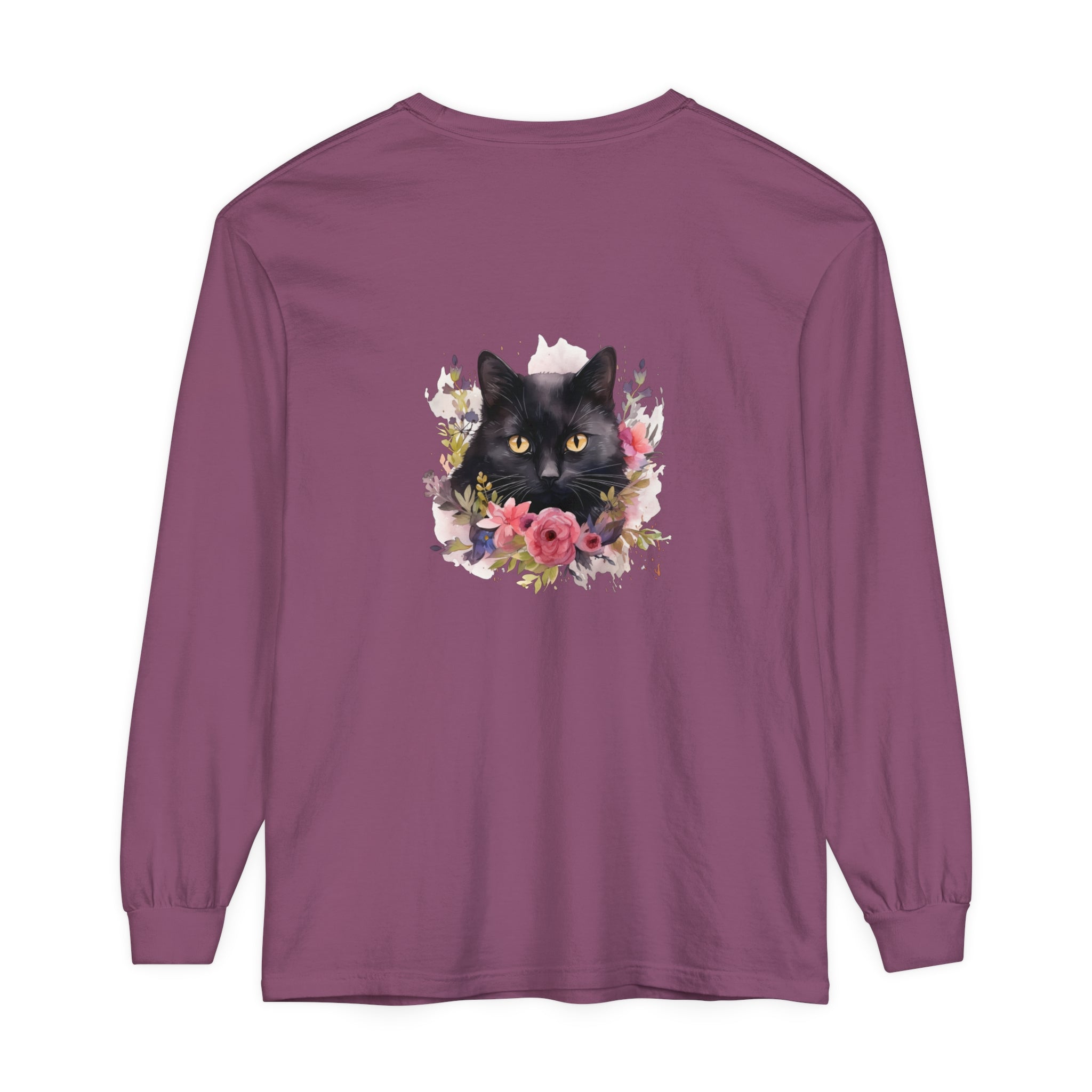 Black Cat Floral Watercolor Long Sleeve T-Shirt with intricate hand-painted design