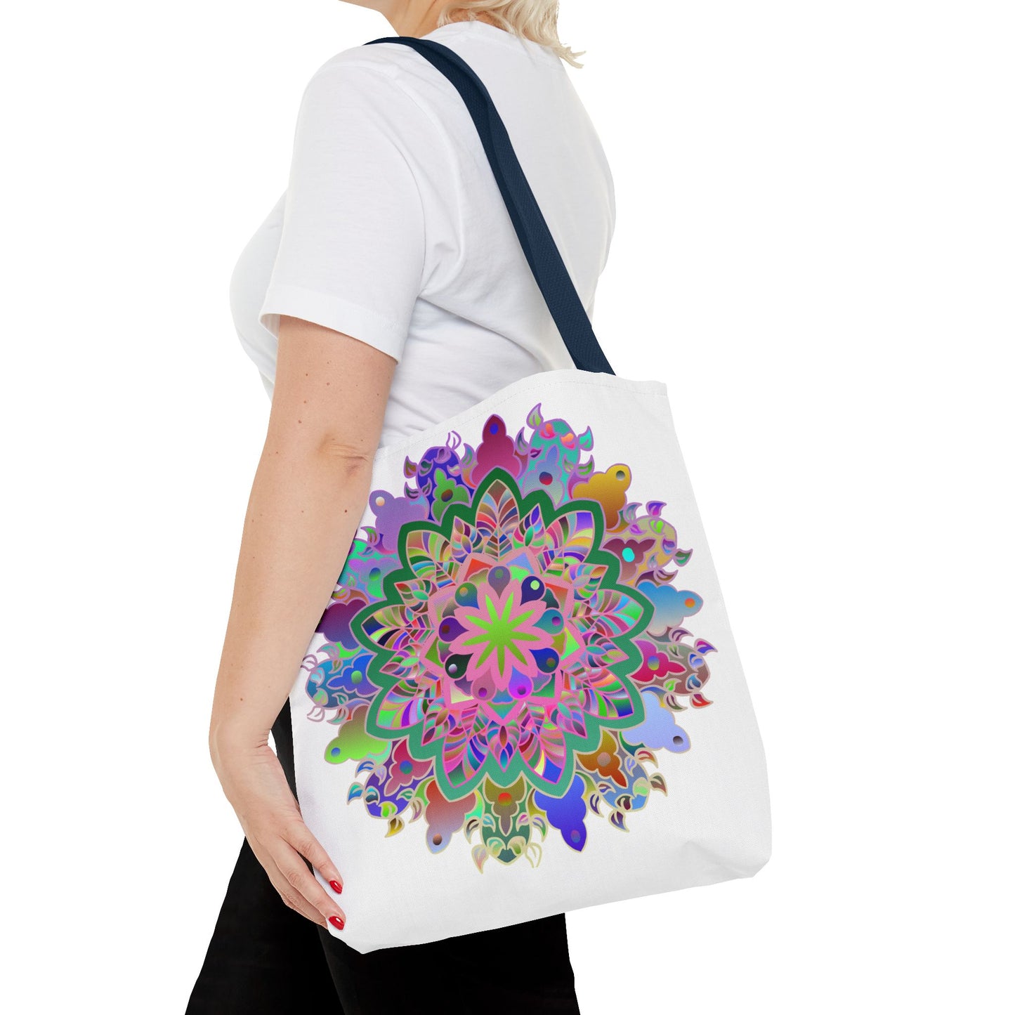 Colorful mandala tote bag with red, blue, and green design on black background