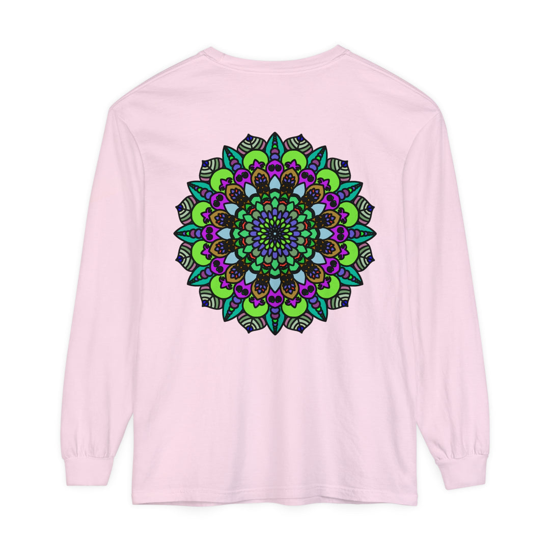 Colorful and intricate psychedelic mandala design on a unisex long sleeve T-shirt