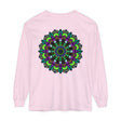 Colorful and intricate psychedelic mandala design on a unisex long sleeve T-shirt
