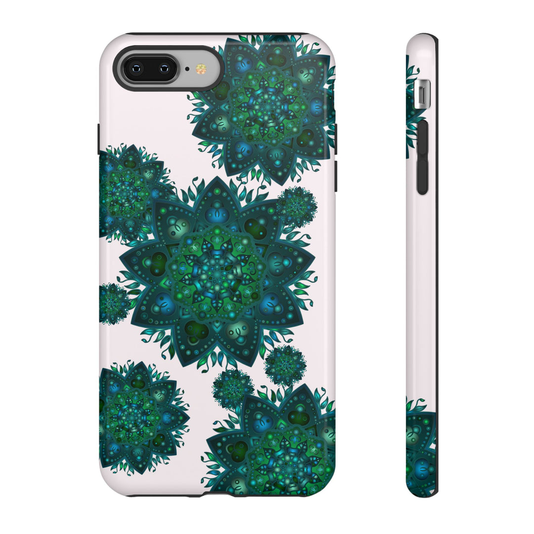 Beautiful light pink and green mandala phone case with a peaceful and intricate design